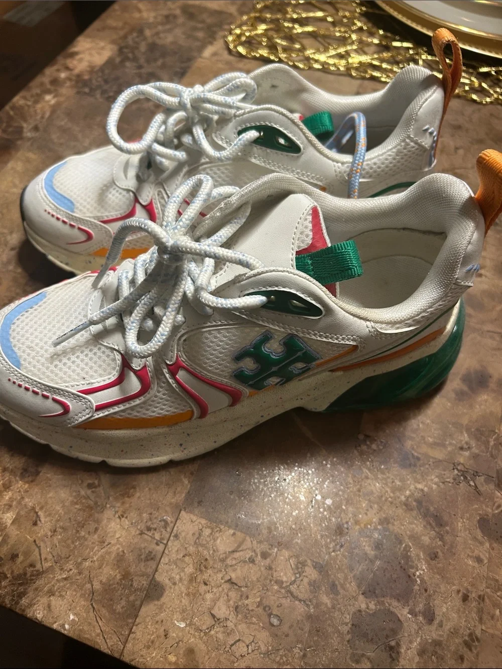 Tory Burch Kids White Sneakers with Green, Orange, Pink & Blue Accents